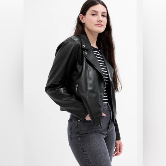 GAP Vegan Faux Leather Bikercore Full Zip Moto Jacket Women’s True Black Small - Picture 3 of 14